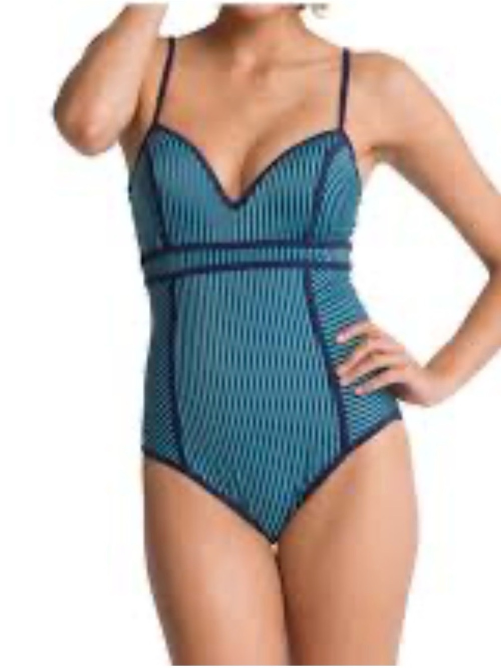 SPANX Teal and Navy Striped One-Piece Swimsuit